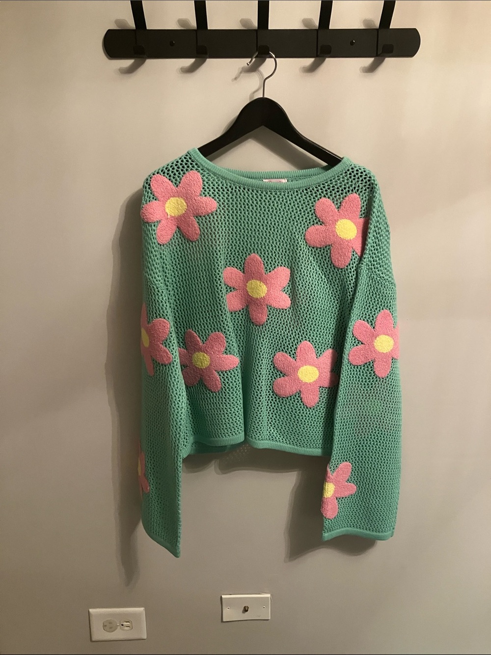 Pink Lily Mint Green Crochet Sweater with Pink Daisy Appliqués